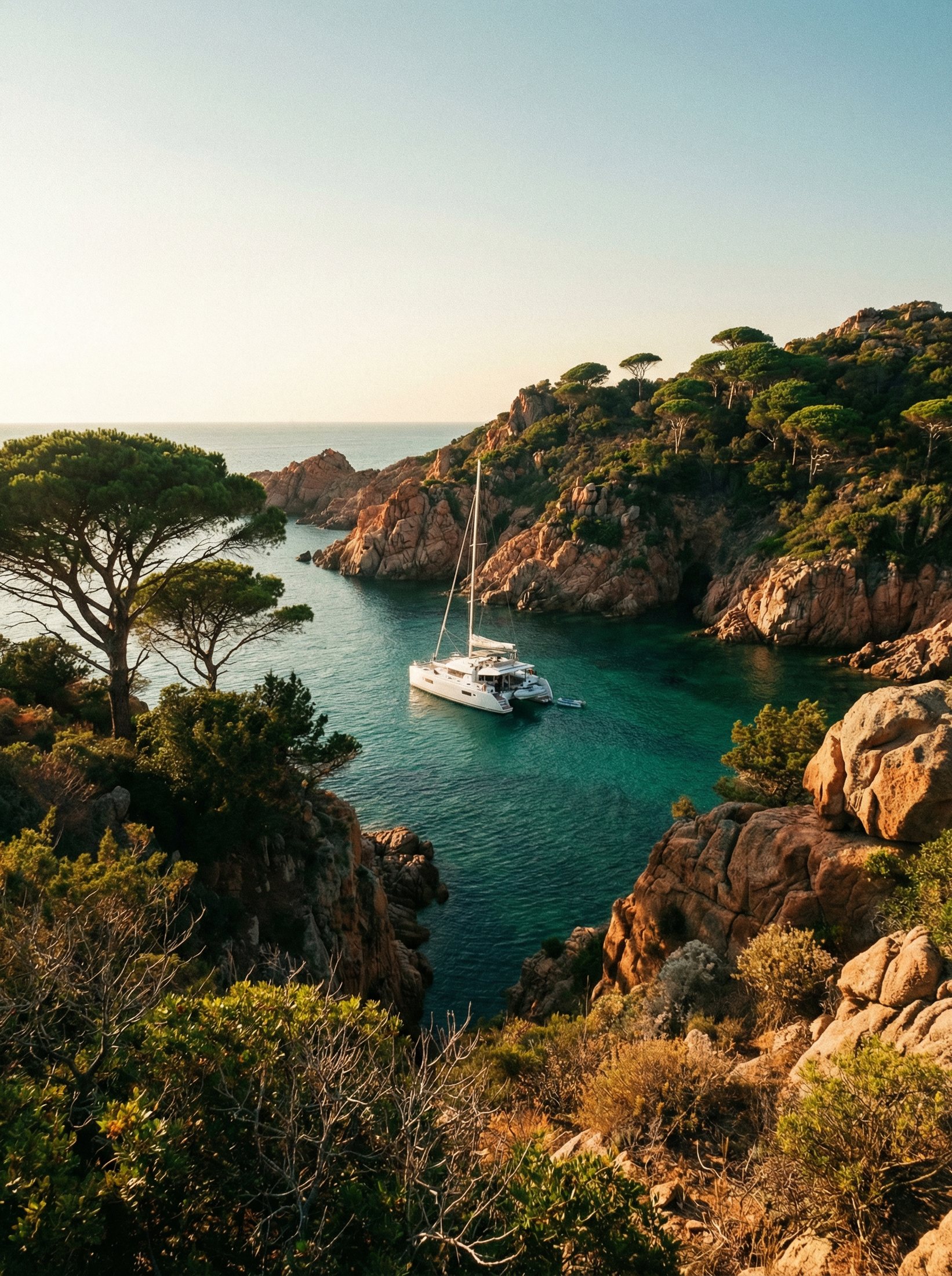 Private yacht anchored in a quiet cove
