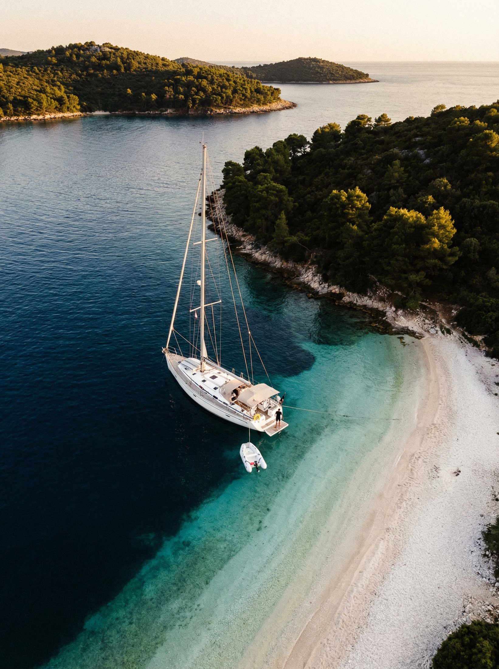 Yacht cruising along a refined coastline