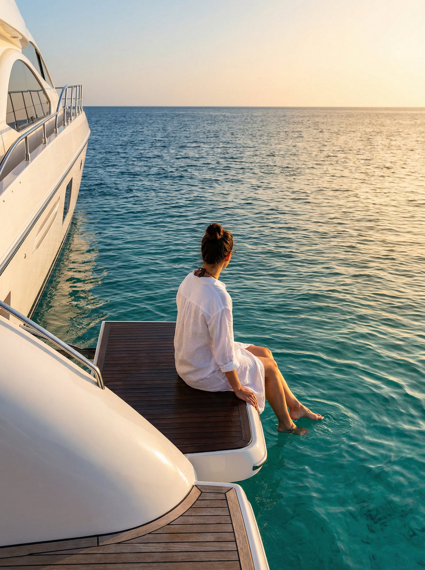 Woman by the water beside a yacht at sunset