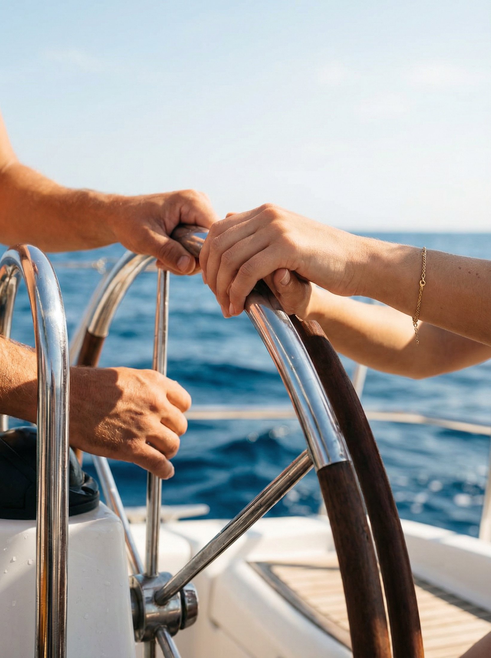 Hands steering a yacht wheel